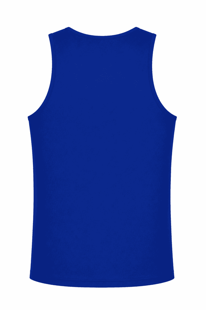 A blue men's singlet featuring a simple design and a back view with no visible branding.