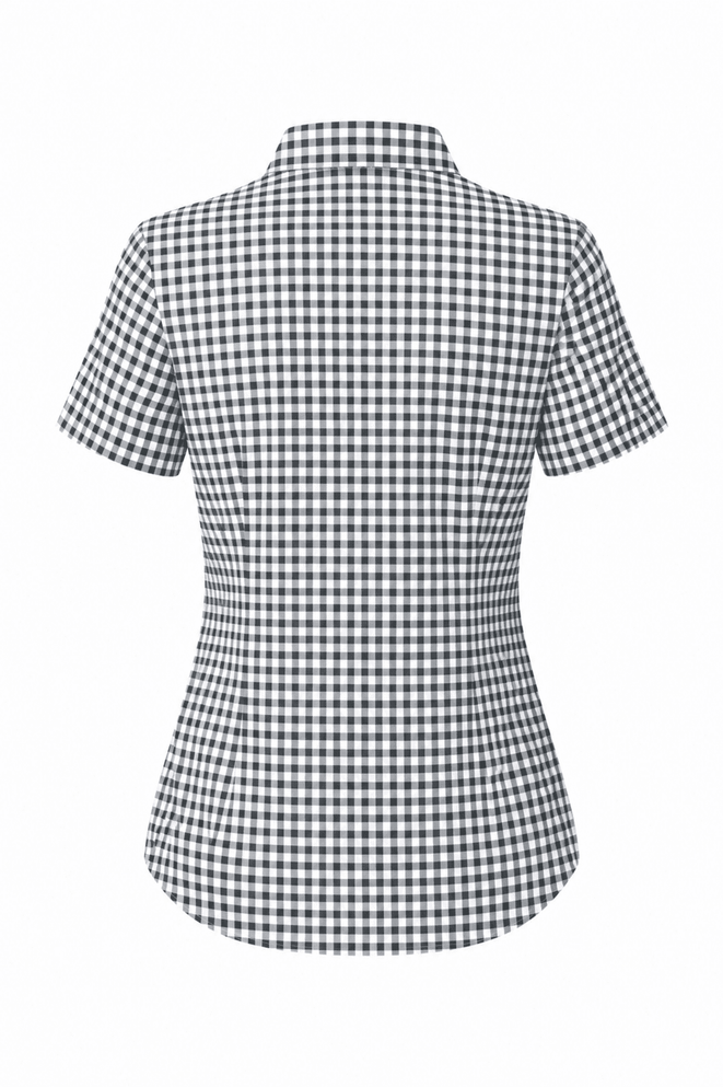 A short-sleeve button-up shirt in a black and white checkered pattern with a fitted silhouette and collar.