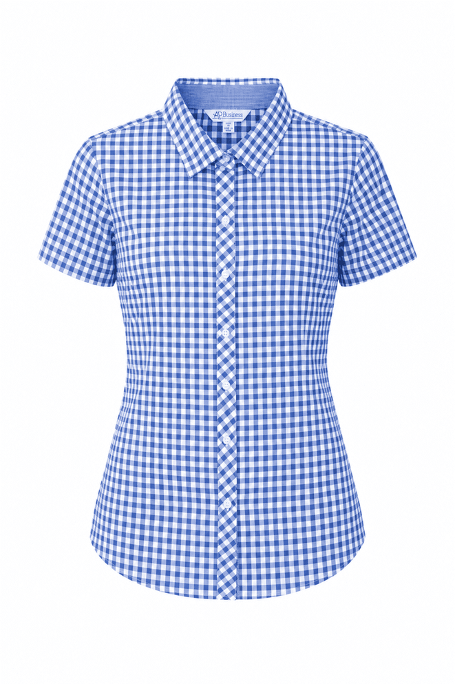 A short-sleeve ladies' shirt in a blue and white checked pattern with a collar and buttons, featuring a logo.