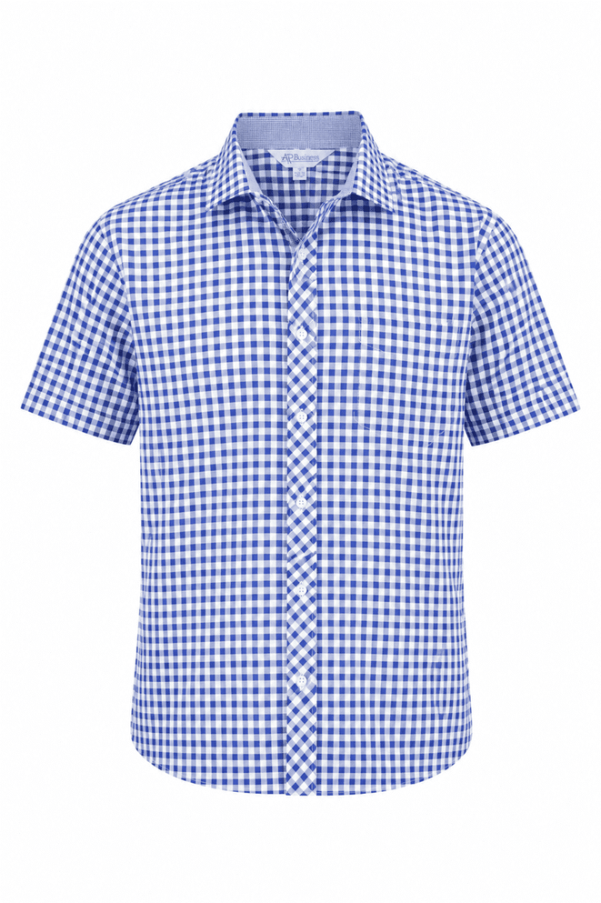A short-sleeve button-up shirt in a blue and white checkered pattern with a collar and branded logo.