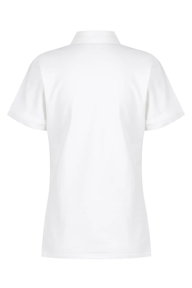 A white women's polo shirt featuring a classic design and short sleeves. It includes a logo on the fabric.