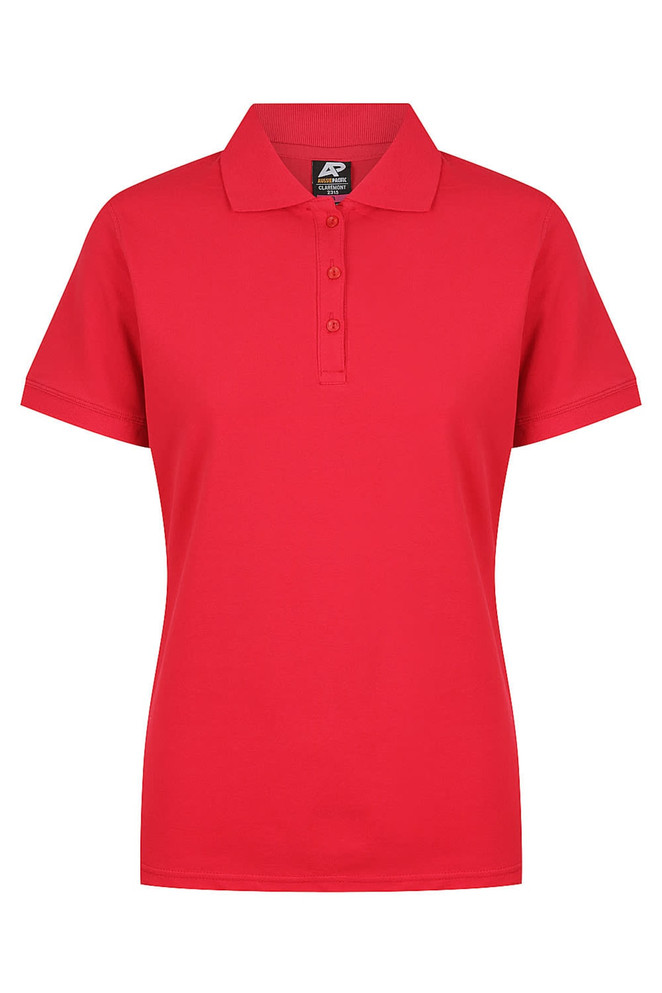 A red polo shirt with a collar and button placket, featuring a logo on the label.