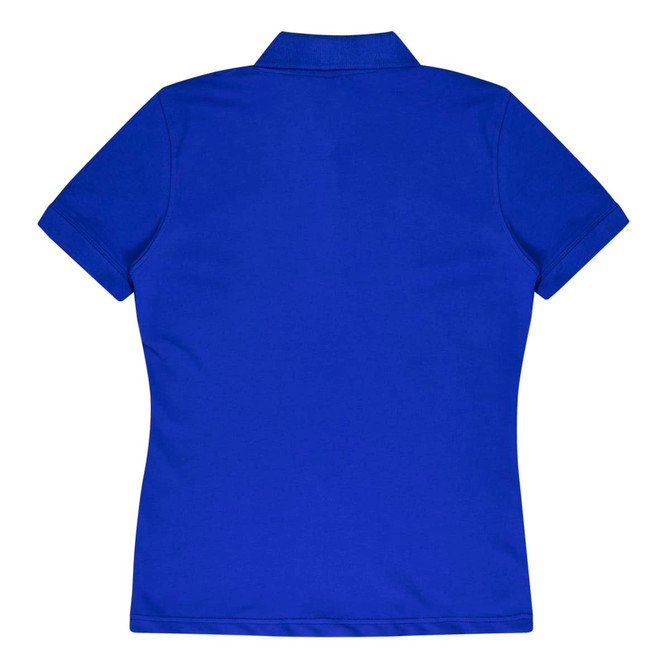 A blue women's polo shirt with a collar and short sleeves, featuring a logo on the back.
