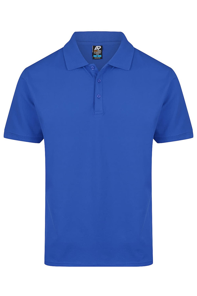 A blue polo shirt featuring a collar, short sleeves, and a three-button placket, with a logo on the label.
