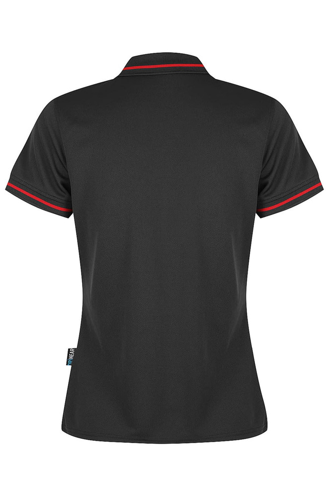 A black polo shirt with a stylish collar and red trim, featuring a logo.