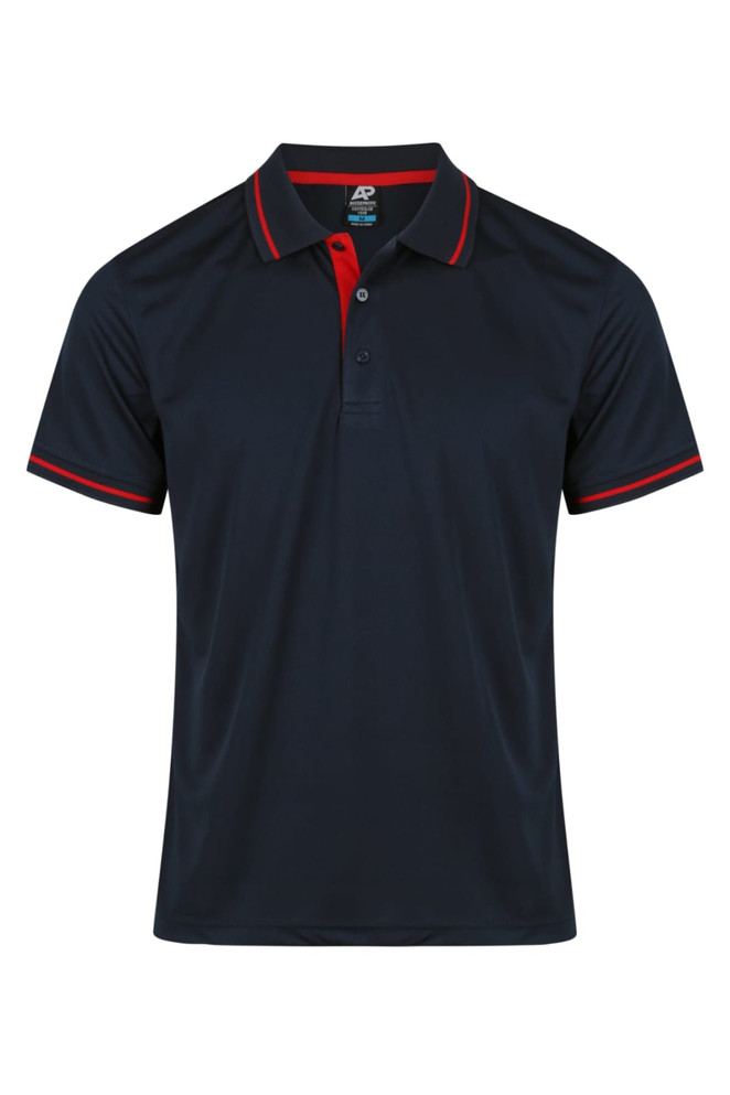 A navy polo shirt with red accents and a collar, featuring a logo on the chest.