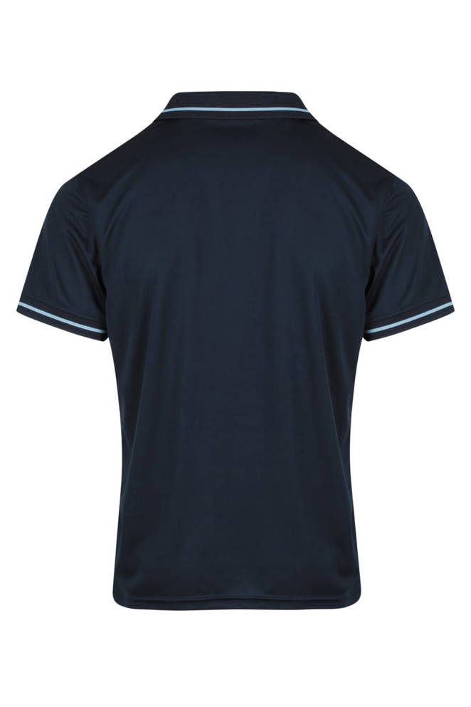 A navy blue men's polo shirt featuring a collared neckline and contrasting trim, with a logo on the back.