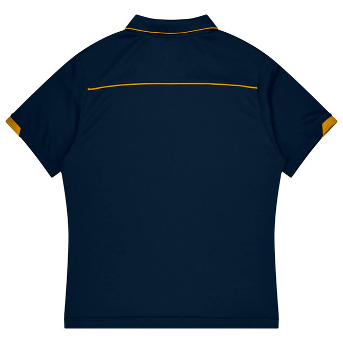 A navy polo shirt with yellow accents and a logo, featuring a classic collar and short sleeves.
