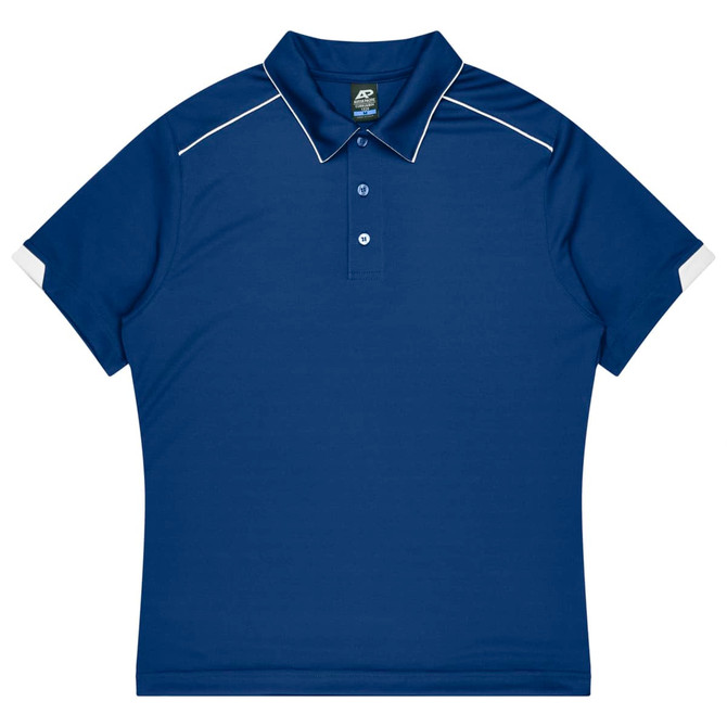 A navy blue polo shirt with a collared neck and contrasting white detailing on the sleeves. It features a logo.