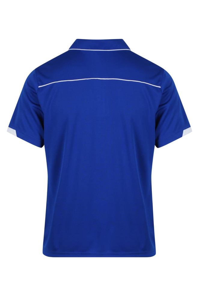 A blue polo shirt featuring a white trim, with a collar and short sleeves. The back view displays a simple design.