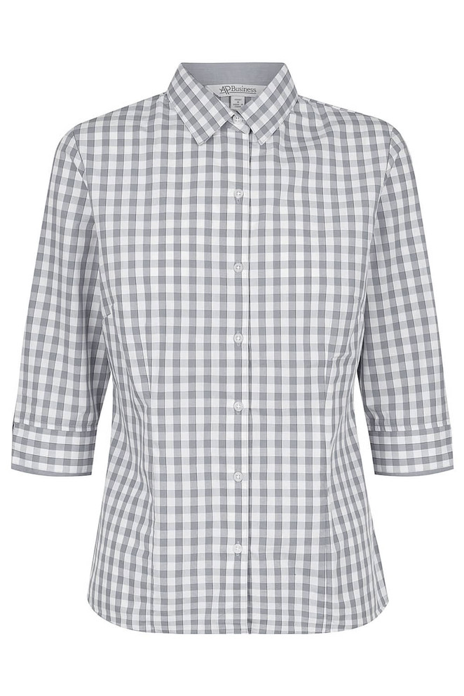 A grey and white checked button-up shirt with 3/4 sleeves. Features a collar and a logo.