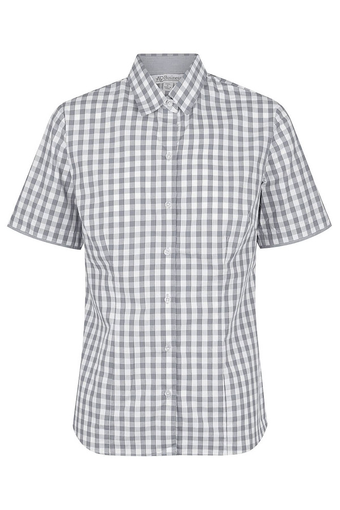 A short-sleeve button-up shirt in a grey and white check pattern, featuring a collar and buttons. Includes a logo.