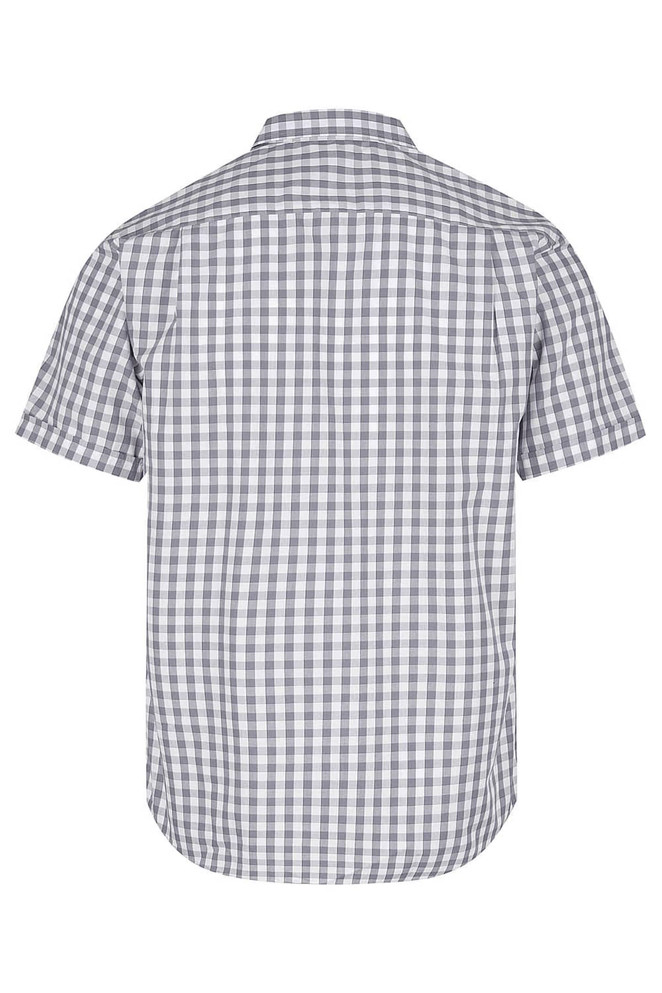 A short-sleeve button-up shirt in a grey and white checkered pattern, featuring a back yoke and branded logo.