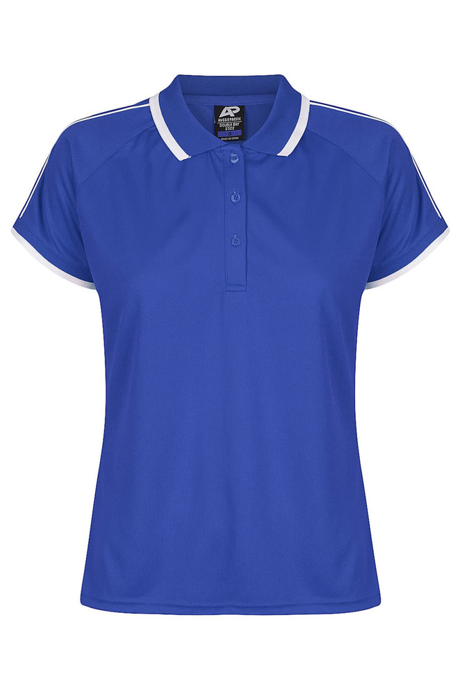 A blue polo shirt with short sleeves, contrasting white trim, and a collar. It features a logo on the branding tag.