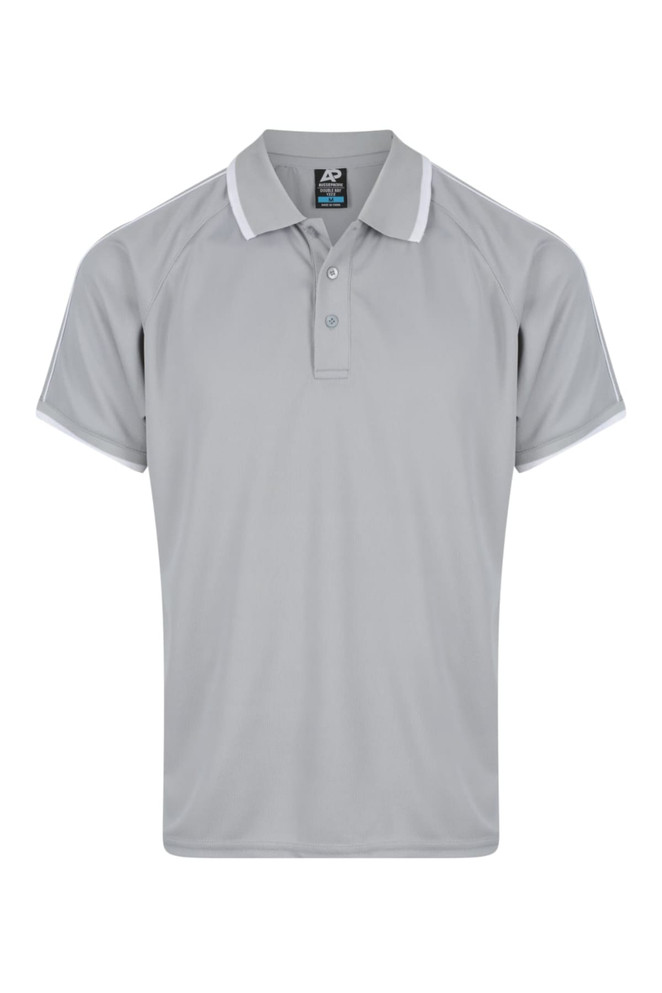 A grey men's polo shirt with white accents and a logo on the chest. Short sleeves and a collared neckline.