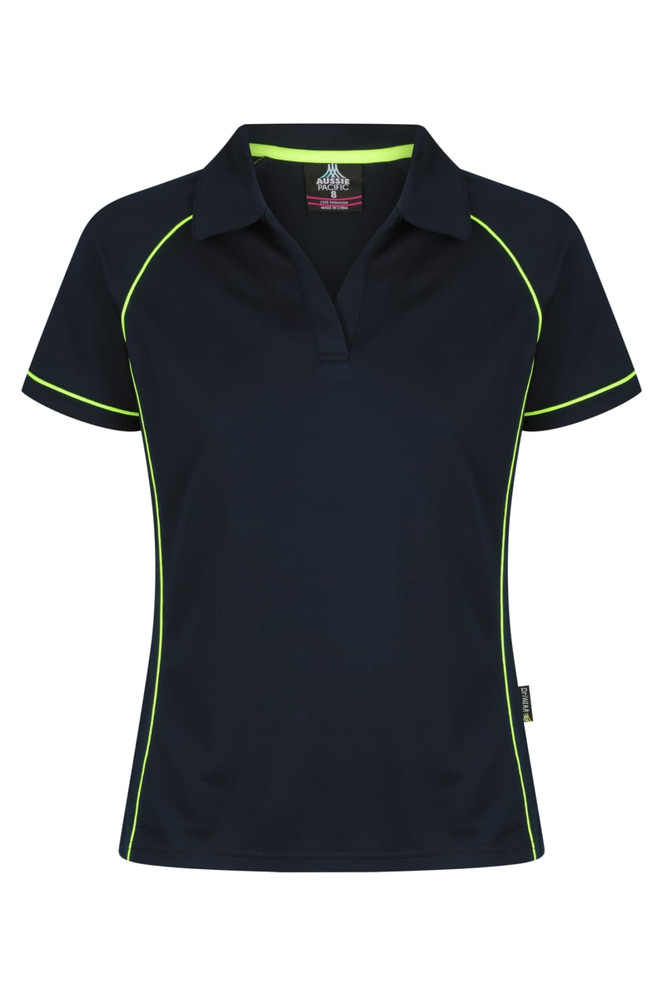 A navy polo shirt featuring lime green accents and a branding logo. Short sleeves and a classic collar design.