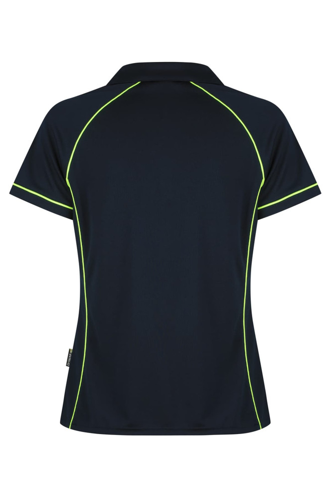 A navy polo shirt featuring lime green piping and a logo. It has a classic collar and short sleeves.