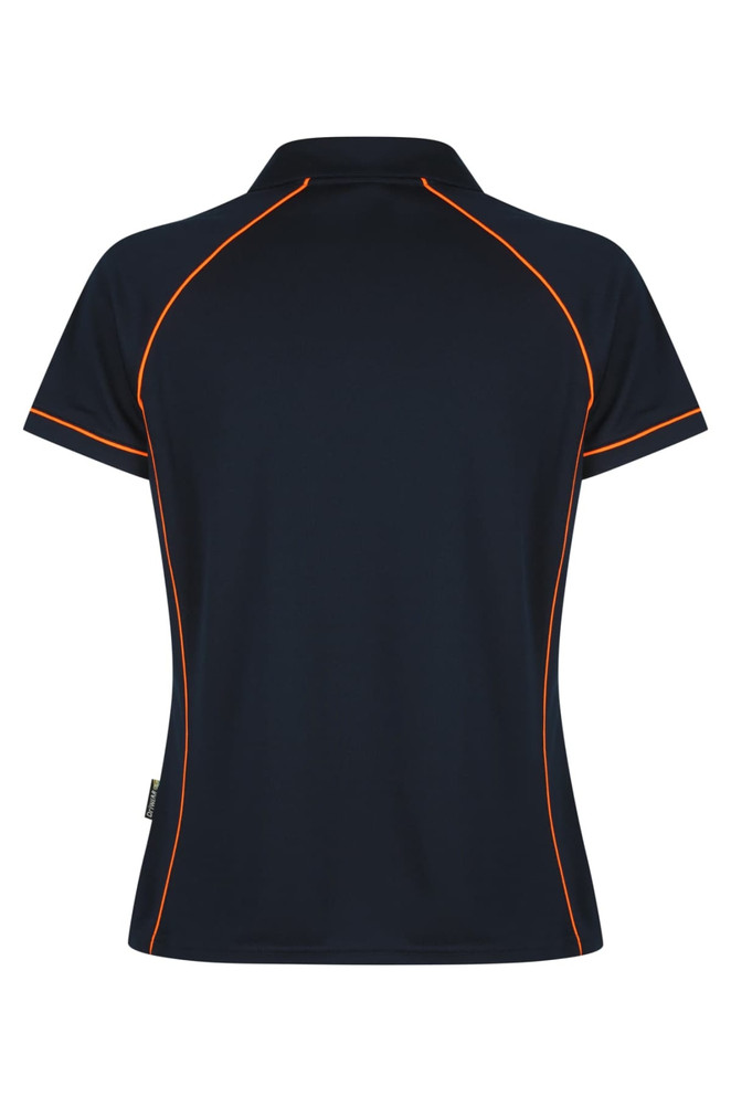 A navy polo shirt with orange piping, featuring a branding logo.