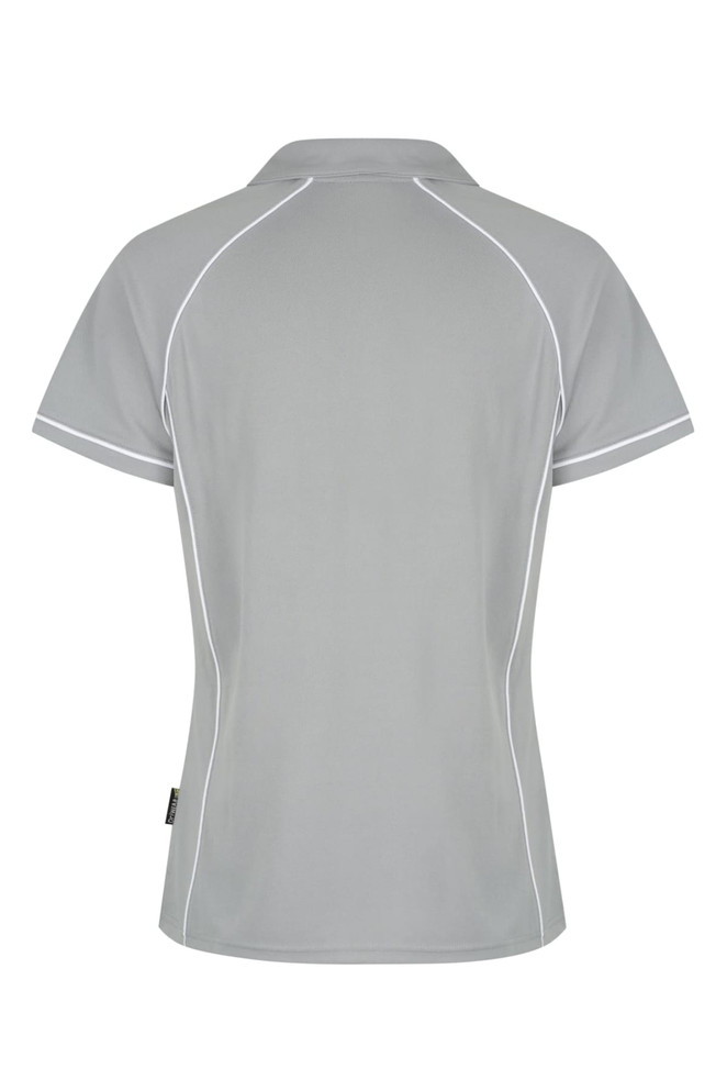 A grey polo shirt with white detailing and a logo on the side, featuring a classic collared design.