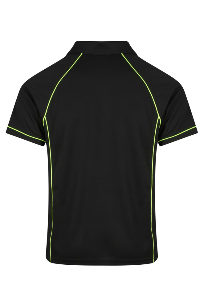 A black polo shirt featuring neon green piping and a logo on the back.