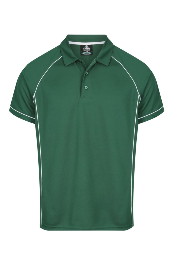 A green polo shirt with contrasting white piping and a collar. It features a logo on the front.