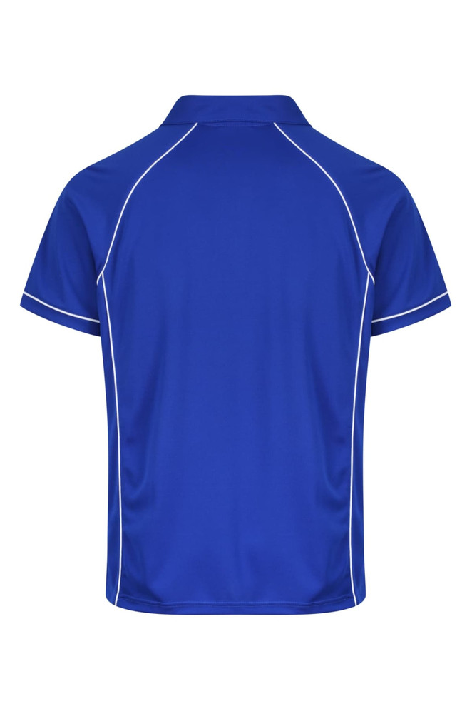 A blue polo shirt featuring contrasting white stitching and a logo on the chest. Back view displayed.