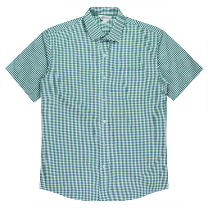 A short sleeve button-up shirt in a green and white checkered pattern. It features a collar and a branded label.