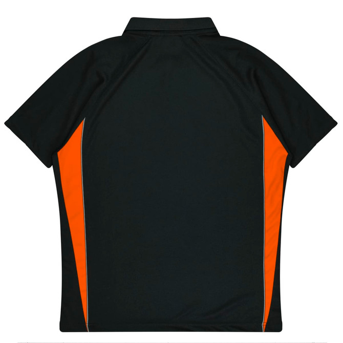 A black polo shirt with orange side panels and a collar, featuring a logo.