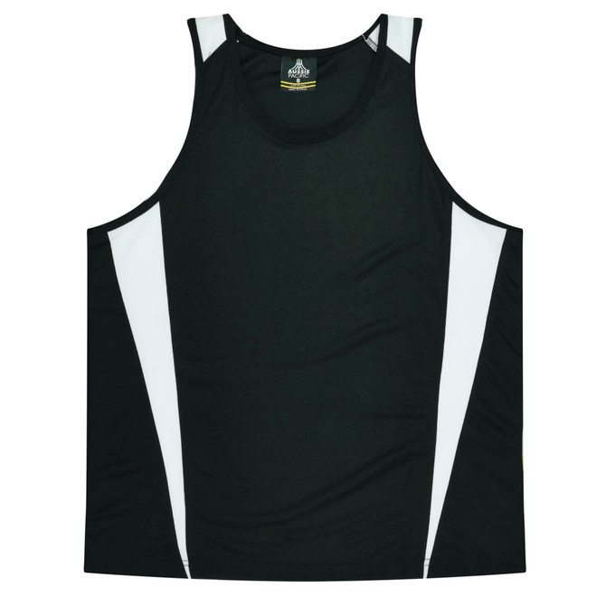 A black singlet featuring white panels on the sides, with a logo on the label.