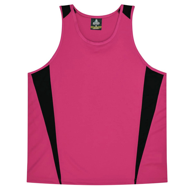 A magenta singlet with black side panels and a logo on the label. Suitable for kids.