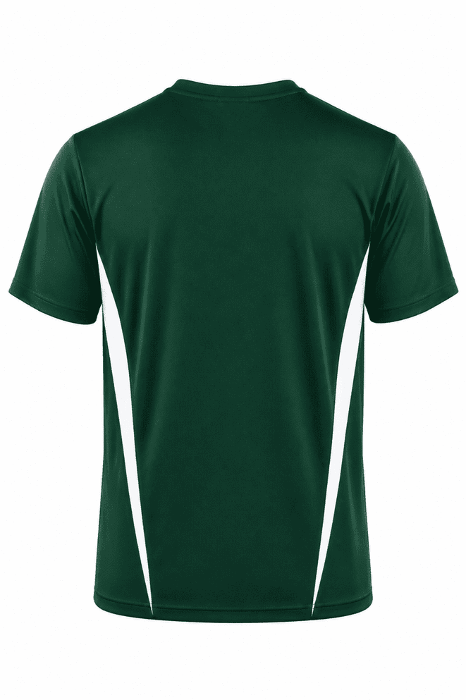 A dark green T-shirt with white side panels and a logo on the back. Suitable for kids' wear.