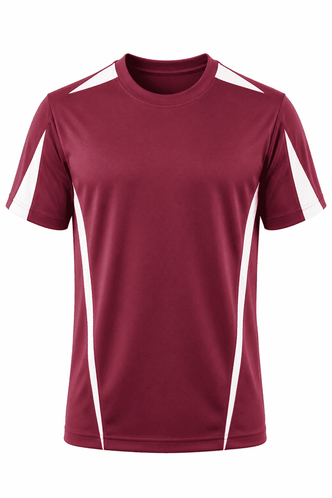 A maroon t-shirt featuring white side panels and a logo. Suitable for casual wear or sporting activities.