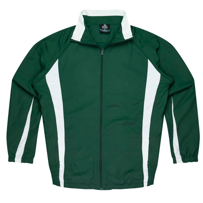 A green tracktop with white side stripes and a zip-up front. It features a collar and has a logo.