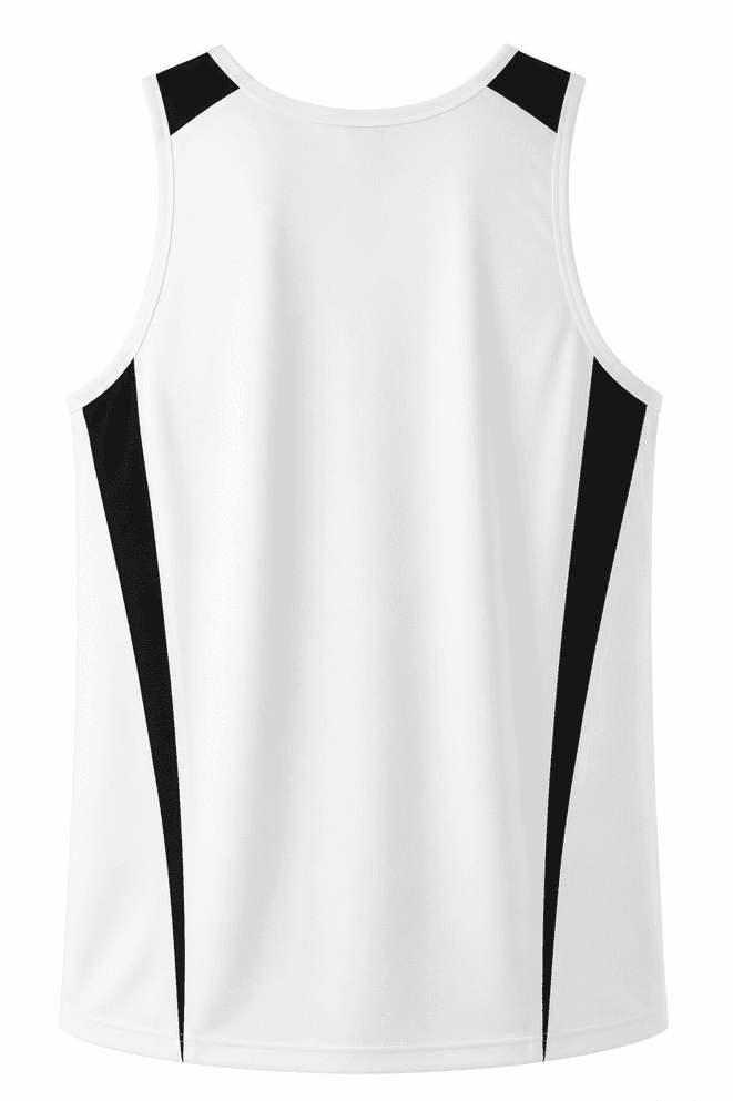 A white singlet with black side panels and a logo on the back. Suitable for casual or athletic wear.