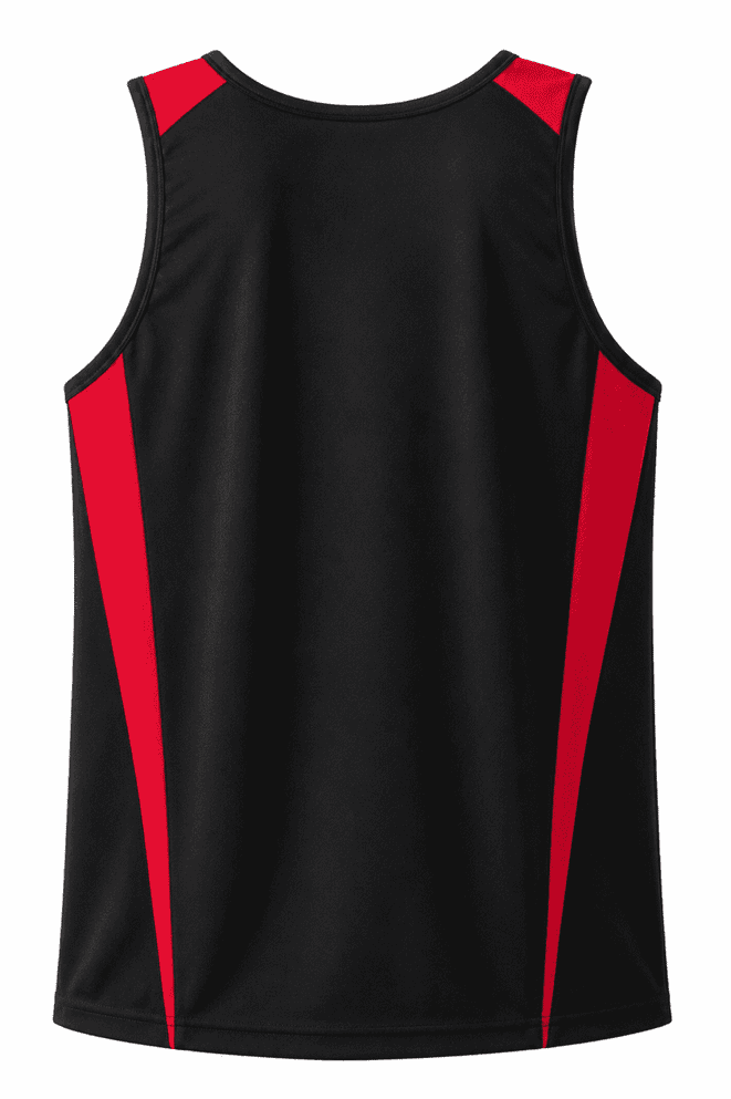 A men's singlet featuring a black body with red side panels and a logo.