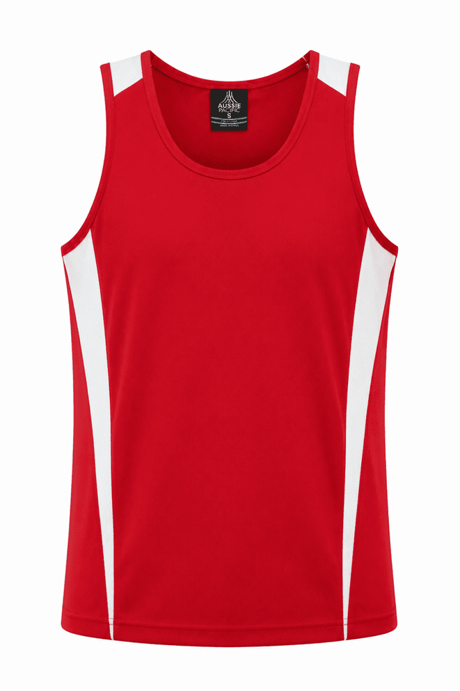 A red singlet with white side panels and a logo on the neckline. Ideal for casual wear or sports.