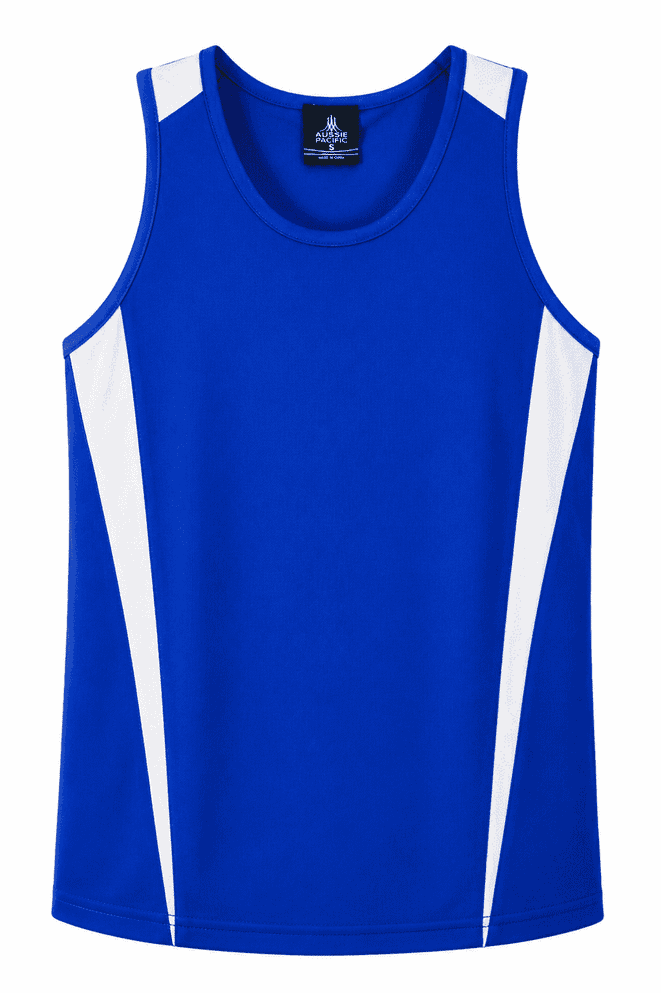 A blue singlet featuring white panel accents and a branding logo on the inside label.