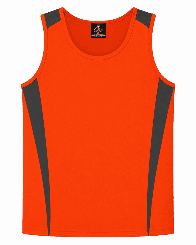 An orange singlet with grey accents, featuring a logo on the inside label.