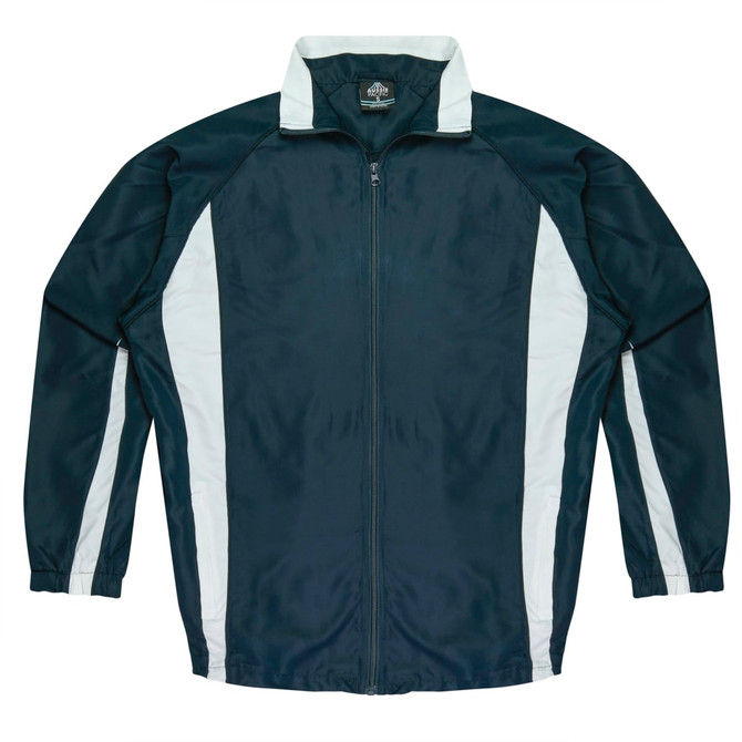 A navy and white tracktop jacket with a zip front and a stand-up collar. It features side panels and has a logo.