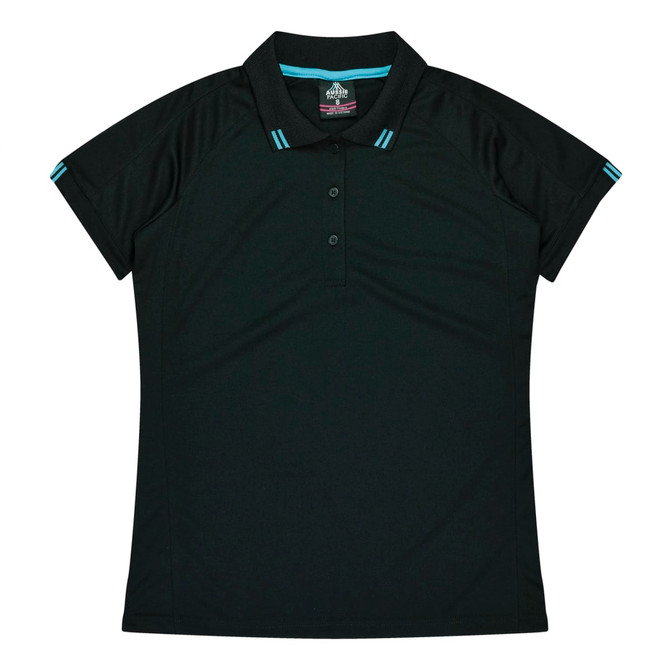 A black polo shirt featuring a collar and short sleeves, with blue accent stripes and a logo.