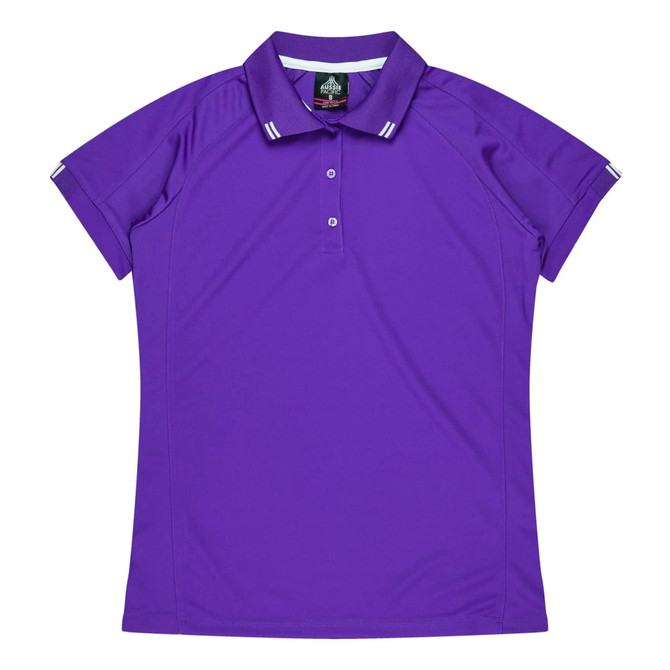 A purple polo shirt with a collar and button detailing, featuring a logo on the upper back.