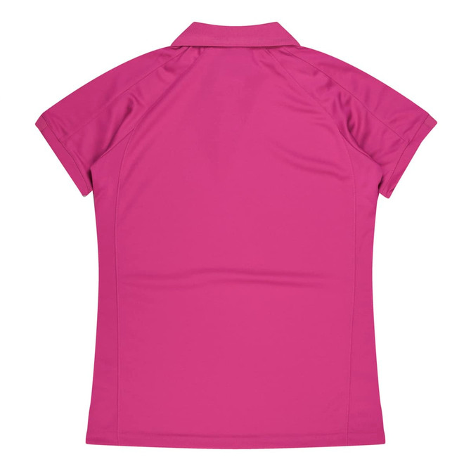 A pink polo shirt featuring short sleeves and a collared neck, with a logo on the back.