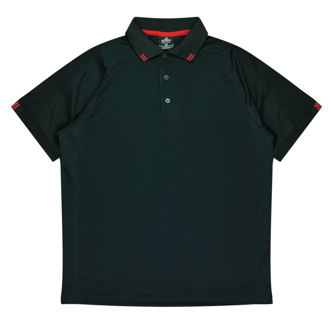 A dark green polo shirt with a button-up collar and red accent details. It features a logo on the breast.