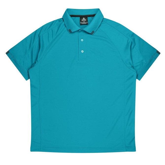 A turquoise polo shirt with a collared neck and a branded logo. Features raglan sleeves for comfort.