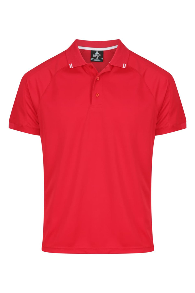 A vibrant red men's polo shirt featuring two white stripes on the collar and a logo.