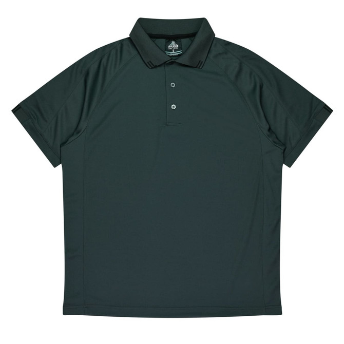 A dark green men's polo shirt with a collar and three buttons, featuring a logo on the chest.