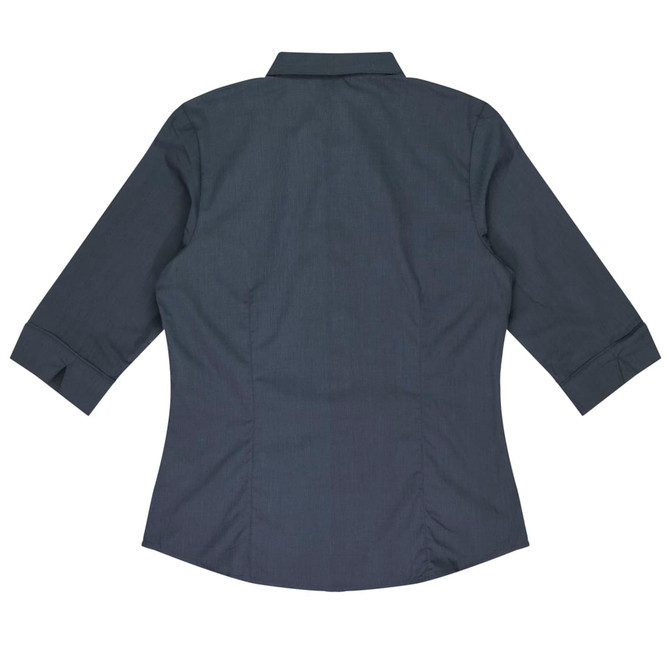A dark grey button-up shirt with 3/4 sleeves and a fitted design, featuring a collar and a logo.