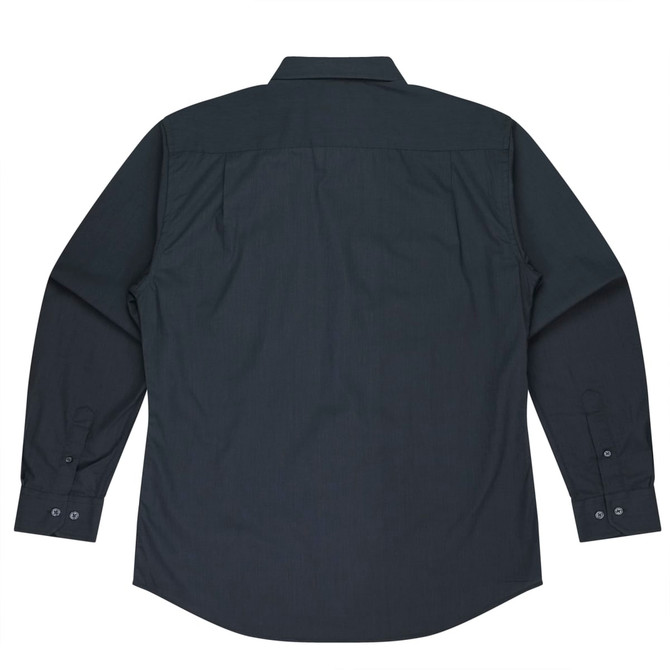 A long-sleeved button-up shirt in dark grey, featuring a collar and button cuffs, with a logo present.