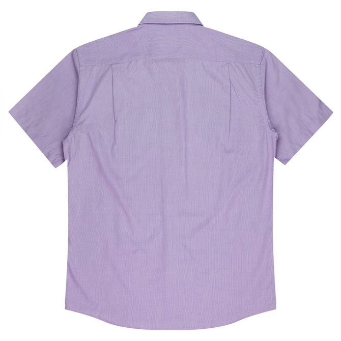 A short sleeve button-up shirt in light purple, featuring a plain back design and a collar, with a logo present.