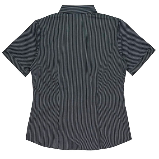 A short sleeve shirt in black and white stripes, featuring a collar and a back view. It has a logo.